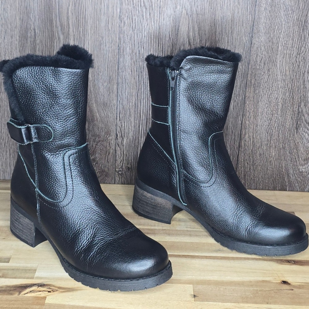 Yokono Womens Black Pebbled Leather Ankle Boots Faux Fur Lined Sz 8 EU 39 Spain